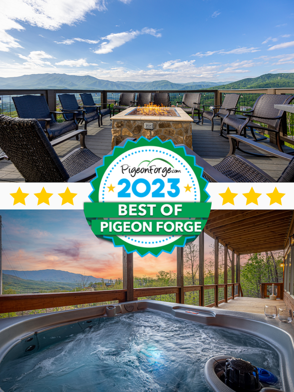 Graphic with two images from a Pigeon Forge cabin with a seal in the middle for Best of Pigeon Forge 2023